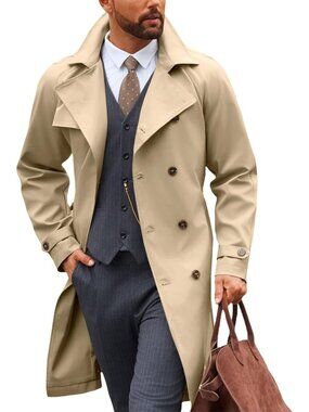 🆕 Mens Khaki Trench Coat Double Breasted Notch Lapel Casual Fall Long Overcoat